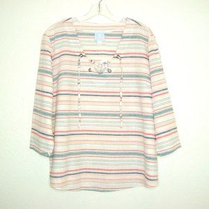 NEW DB SUNDAY Striped Cotton Linen V-Neck Blouse Size L